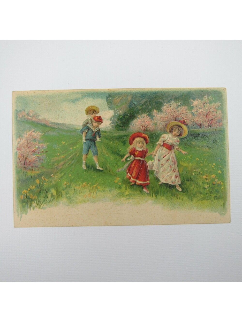 Postcard Children Green Field Cherry Blossom Trees Spring Embossed Antique 1908